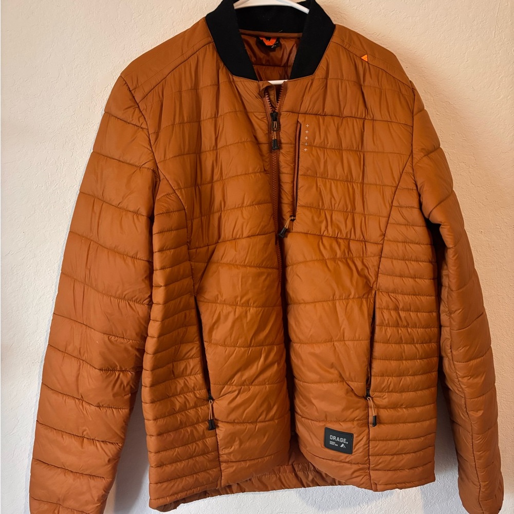 Orange puffer jacket unisex size M.